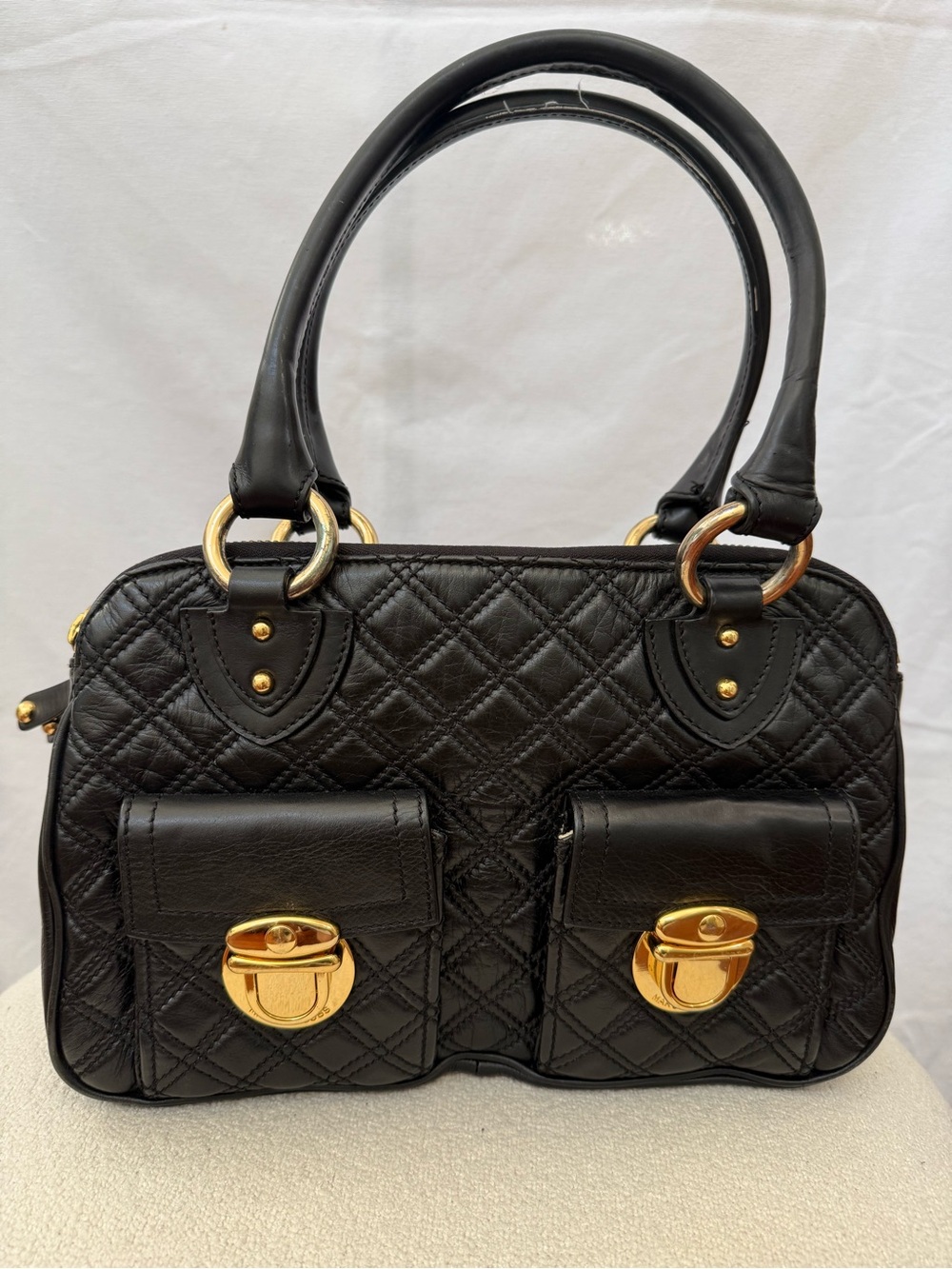 Marc Jacobs Black Quilted Leather Satchel with Gold Hardware